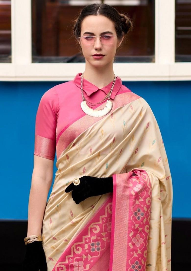 Beige Embroidered Poly Blend Saree Set With Blouse