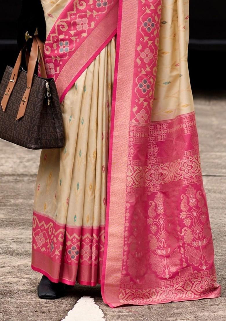 Beige Embroidered Poly Blend Saree Set With Blouse