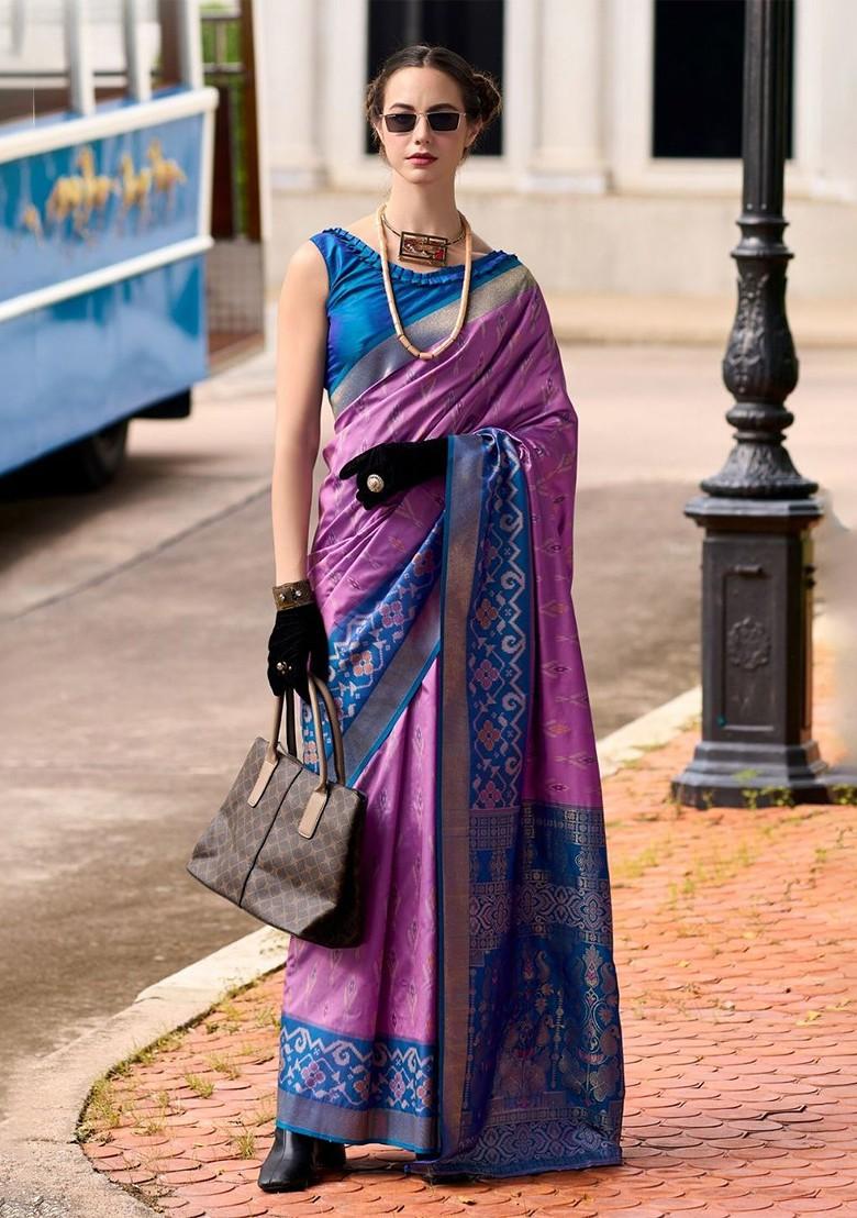 Purple Embroidered Poly Blend Saree Set With Blouse