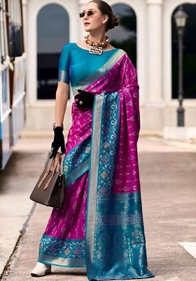 Purple Embroidered Poly Blend Saree Set With Blouse