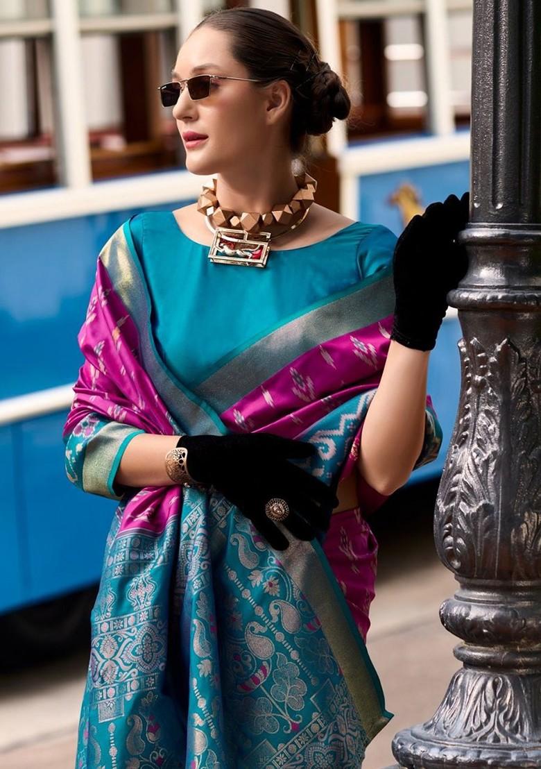 Purple Embroidered Poly Blend Saree Set With Blouse