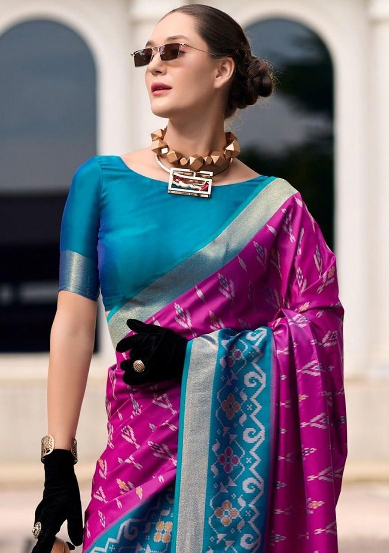 Purple Embroidered Poly Blend Saree Set With Blouse