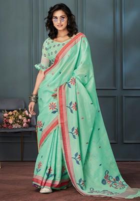 Sea Green Embroidered Poly Blend Saree Set With Blouse