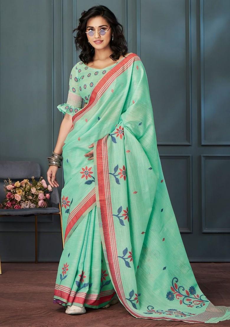 Sea Green Embroidered Poly Blend Saree Set With Blouse