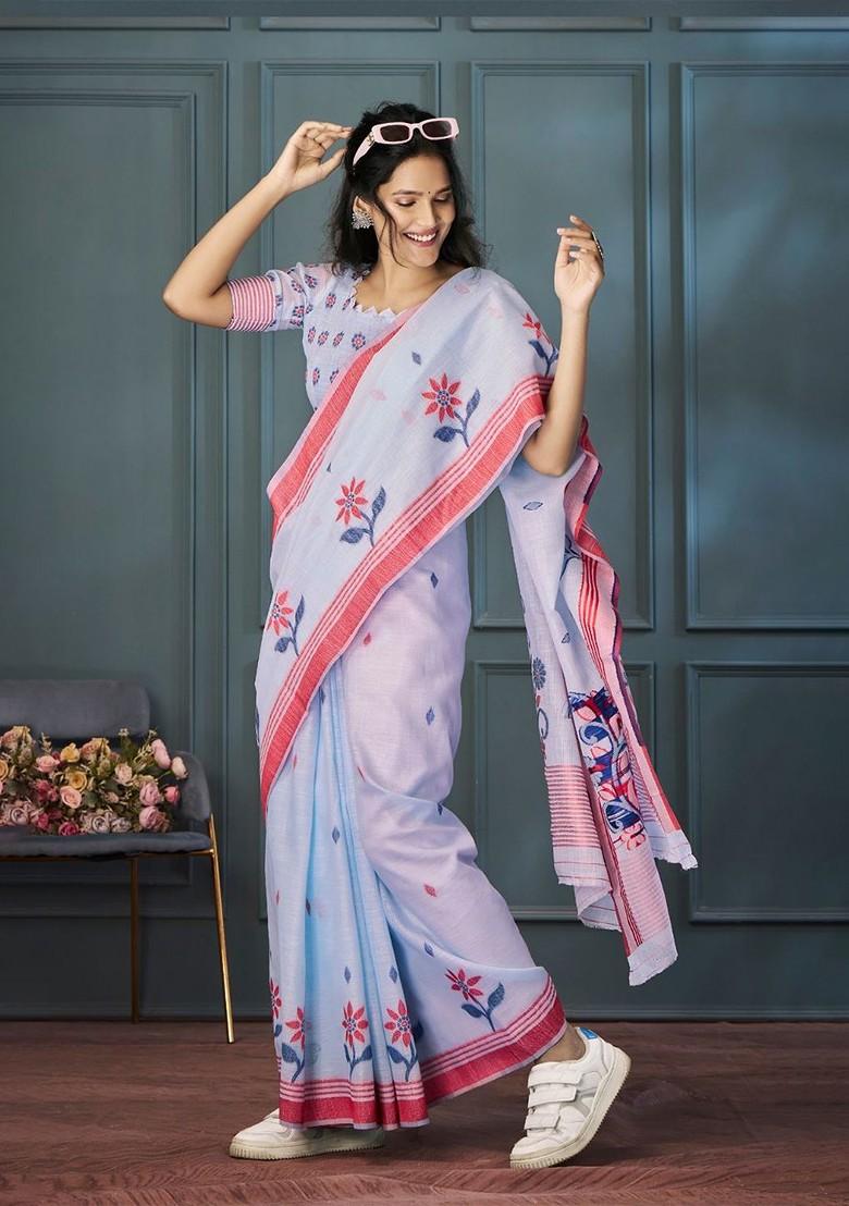 Lavender Embroidered Poly Blend Saree Set With Blouse