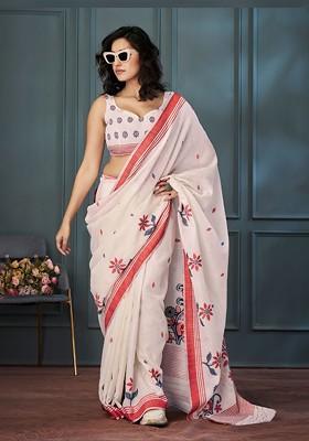 Beige Embroidered Poly Blend Saree Set With Blouse