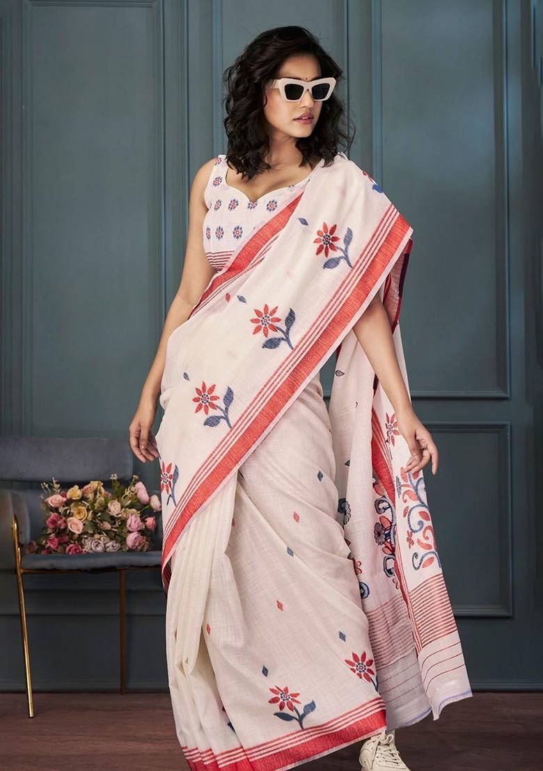 Beige Embroidered Poly Blend Saree Set With Blouse