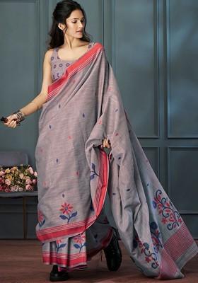 Grey Embroidered Poly Blend Saree Set With Blouse