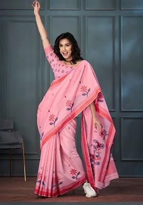 Pink Embroidered Poly Blend Saree Set With Blouse