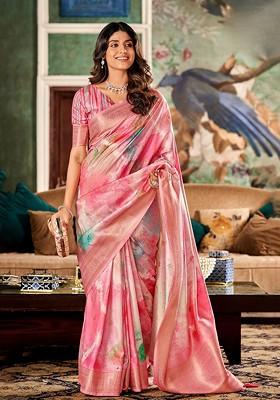 Pink Printed Poly Blend Saree Set With Blouse