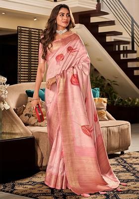 Pink Printed Poly Blend Saree Set With Blouse