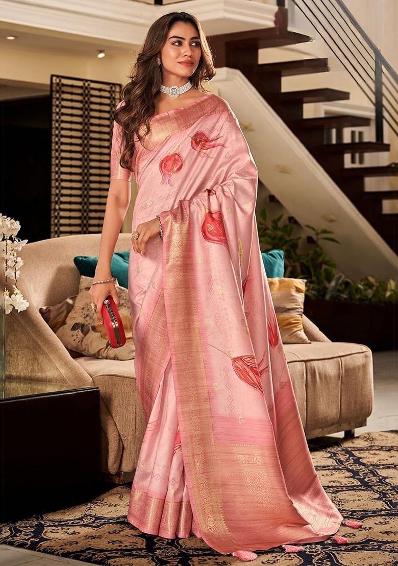 Pink Printed Poly Blend Saree Set With Blouse