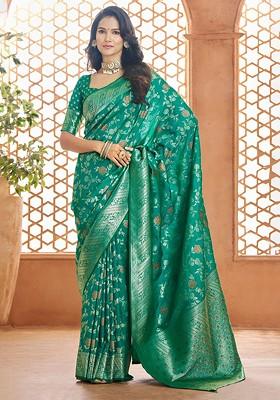 Green Embroidered Poly Blend Saree Set With Blouse