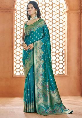 Turquoise Blue Embroidered Poly Blend Saree Set With Blouse