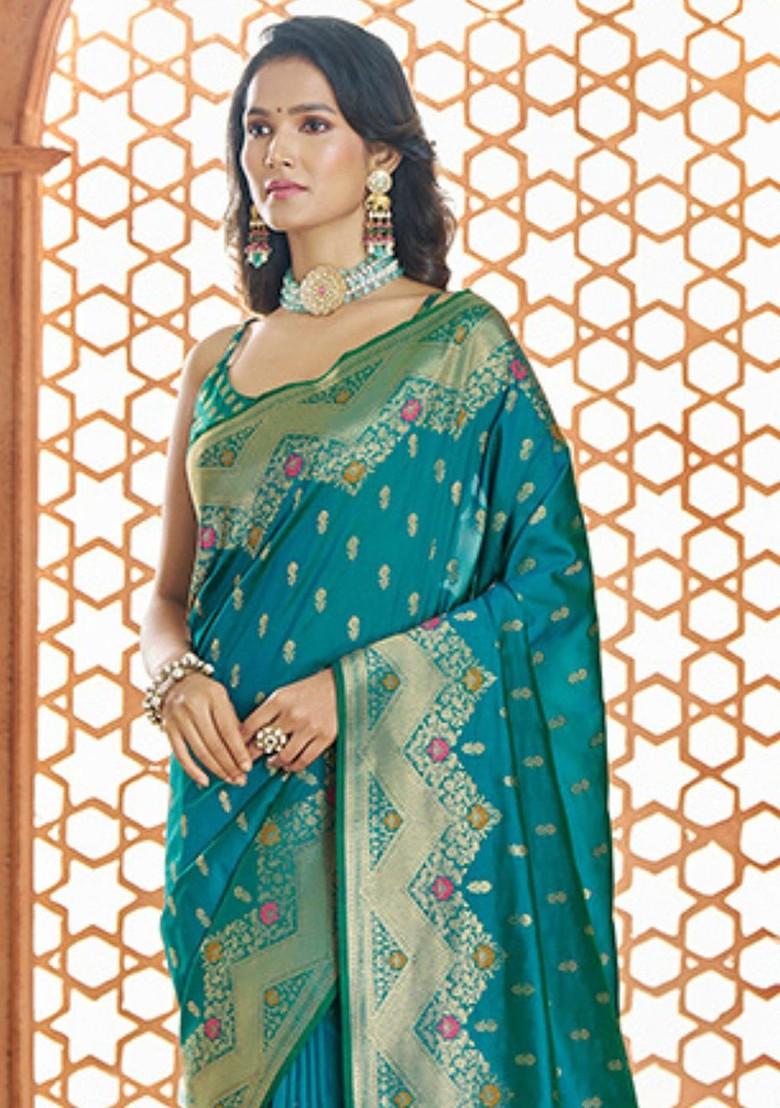 Turquoise Blue Embroidered Poly Blend Saree Set With Blouse