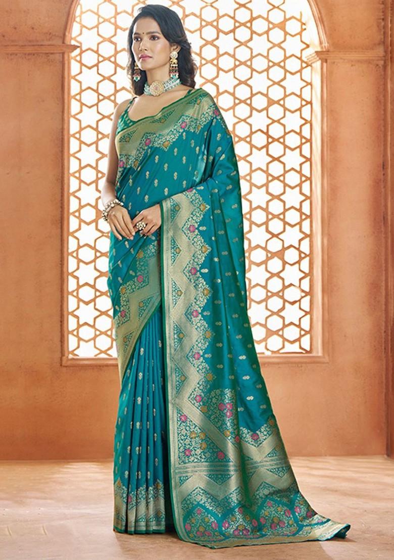 Turquoise Blue Embroidered Poly Blend Saree Set With Blouse