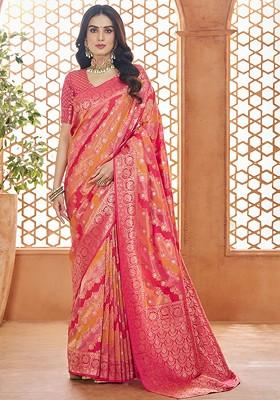 Orange Woven Design Poly Blend Saree Set With Blouse