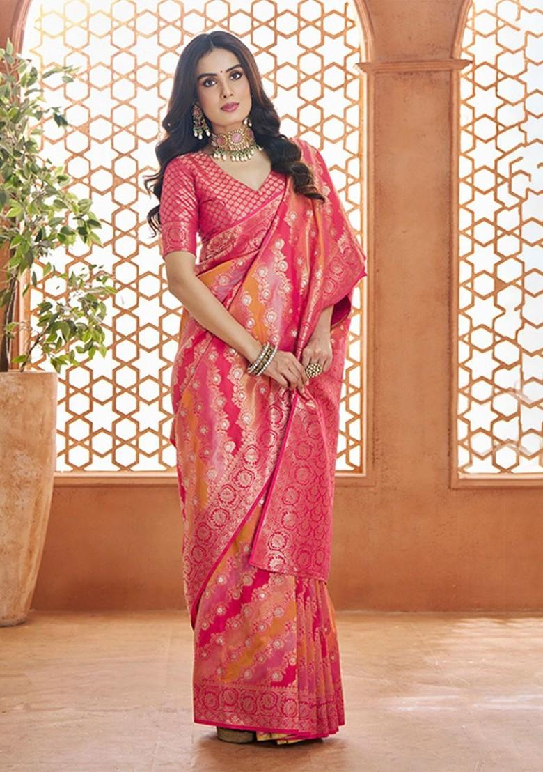 Orange Woven Design Poly Blend Saree Set With Blouse