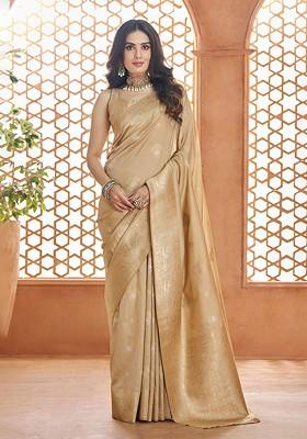 Beige Embroidered Poly Blend Saree Set With Blouse