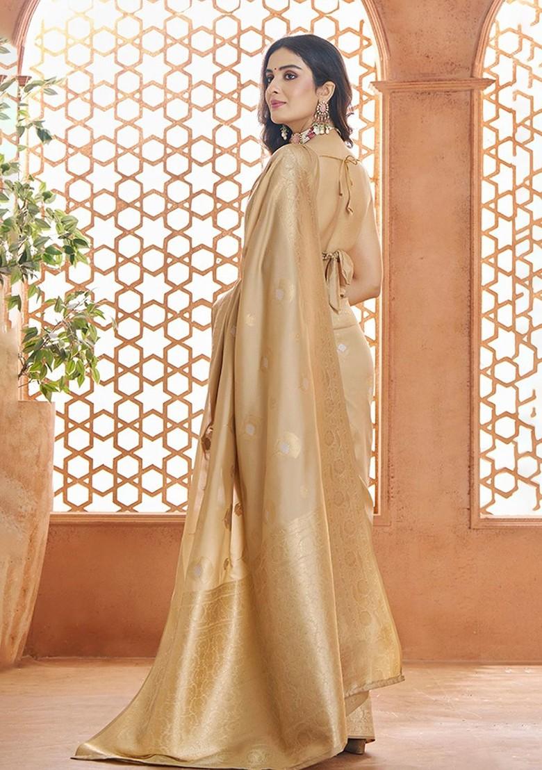 Beige Embroidered Poly Blend Saree Set With Blouse