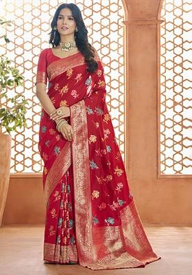 Red Embroidered Poly Blend Saree Set With Blouse