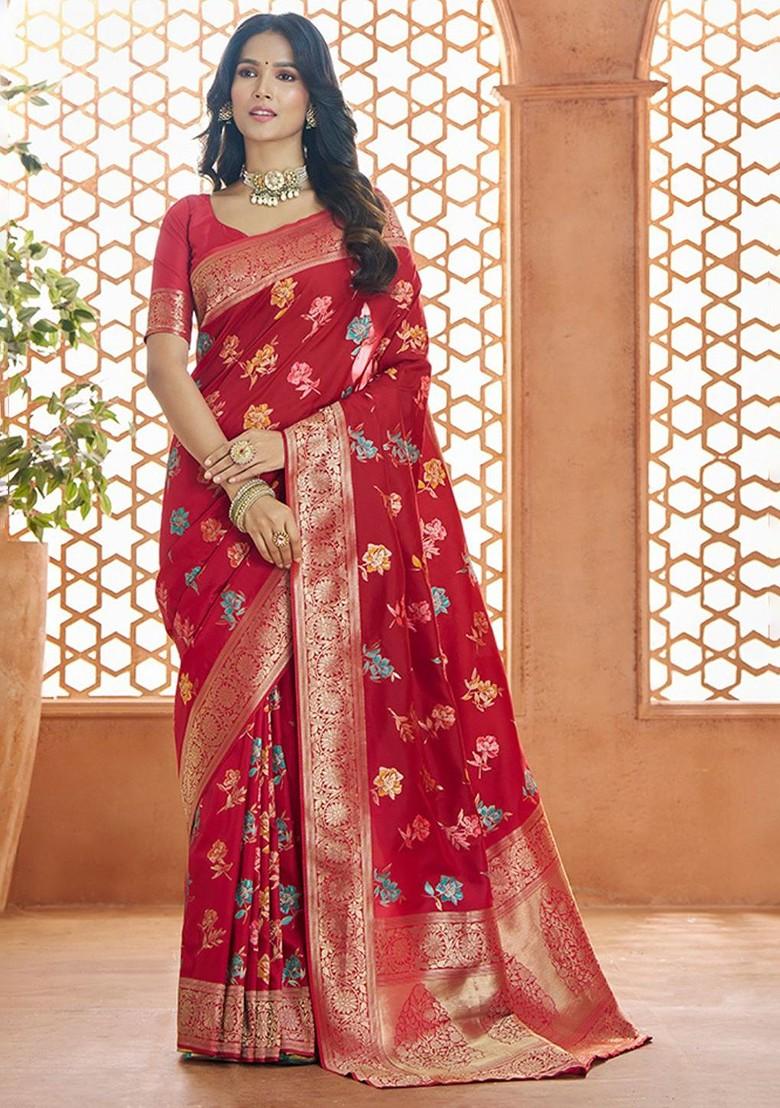 Red Embroidered Poly Blend Saree Set With Blouse