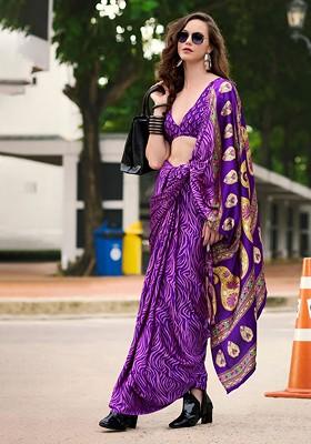 Purple Printed Poly Blend Saree Set With Blouse