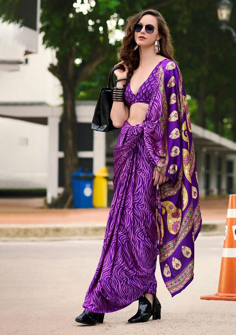 Purple Printed Poly Blend Saree Set With Blouse
