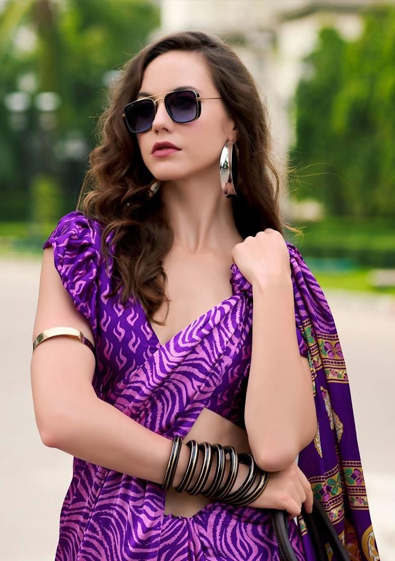 Purple Printed Poly Blend Saree Set With Blouse