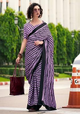 Lavender Embroidered Poly Blend Saree Set With Blouse