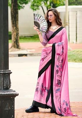 Pink Printed Poly Blend Saree Set With Blouse