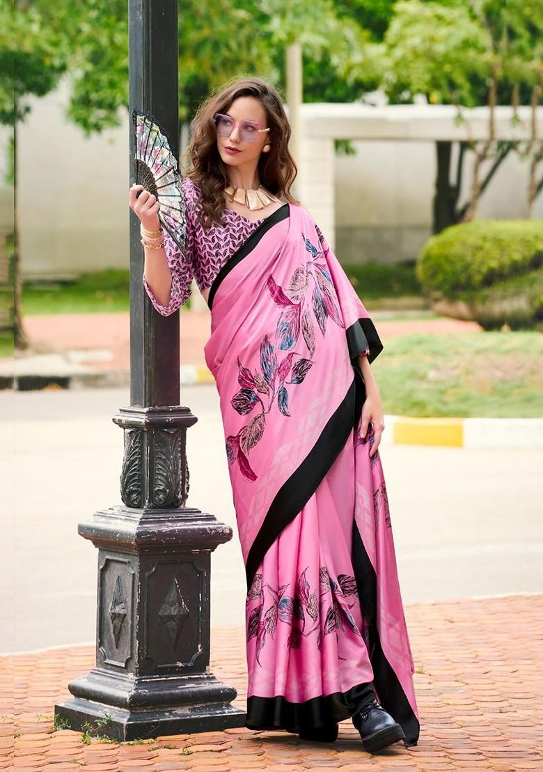 Pink Printed Poly Blend Saree Set With Blouse