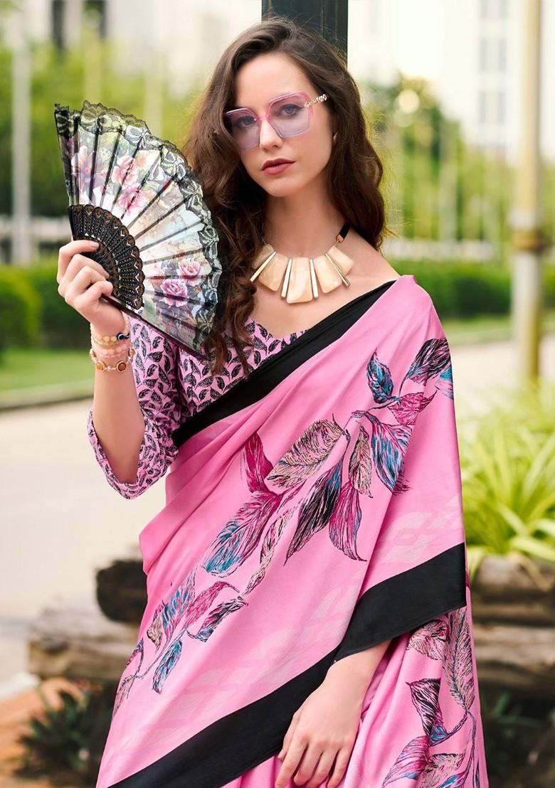 Pink Printed Poly Blend Saree Set With Blouse