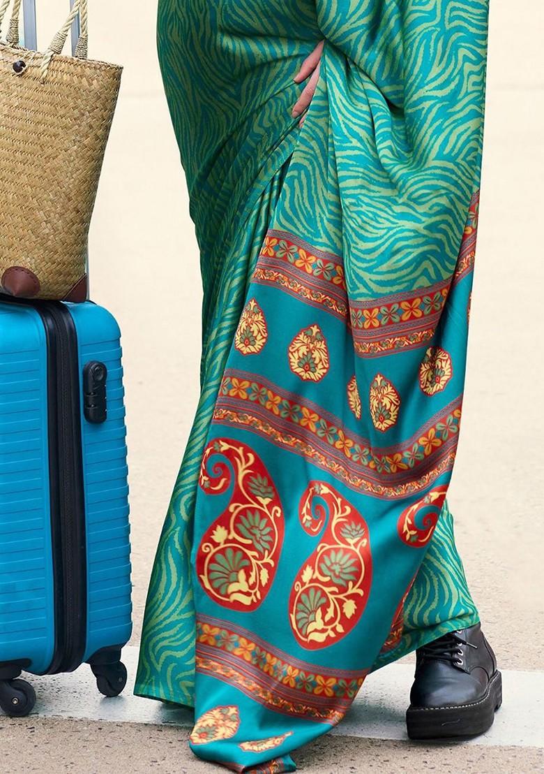 Green Printed Poly Blend Saree Set With Blouse