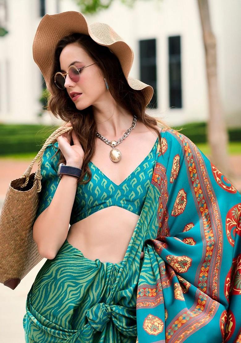 Green Printed Poly Blend Saree Set With Blouse