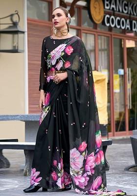 Black Printed Poly Blend Saree Set With Blouse