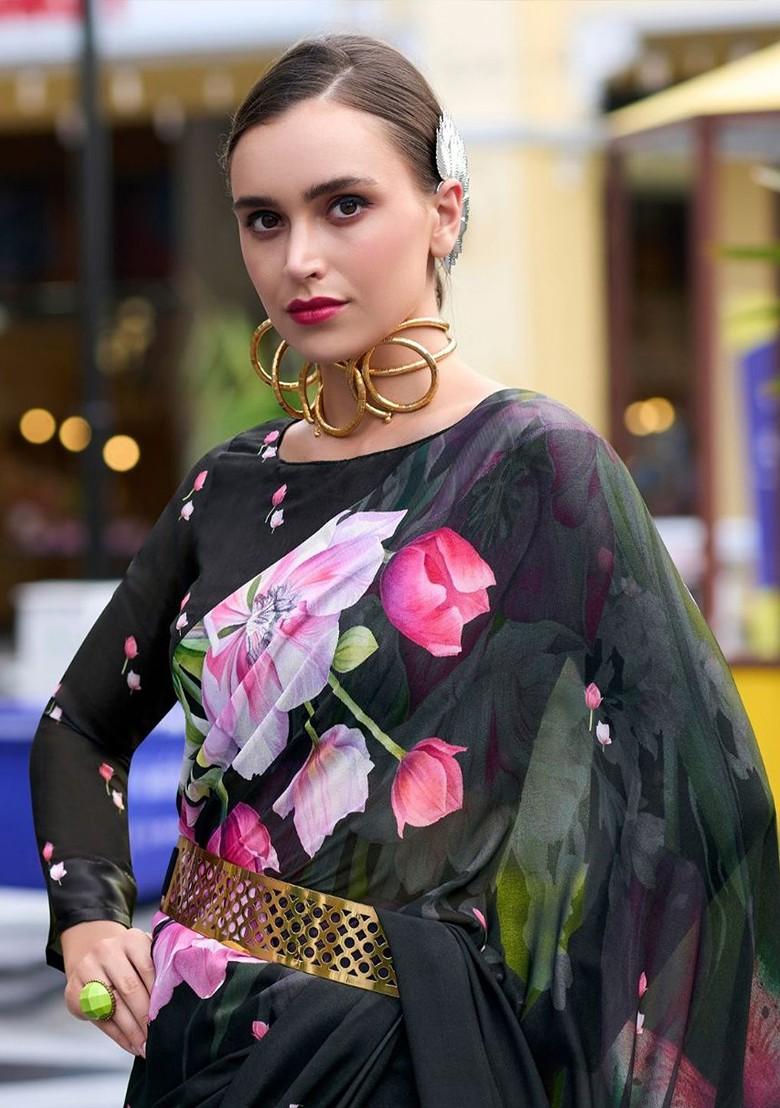 Black Printed Poly Blend Saree Set With Blouse