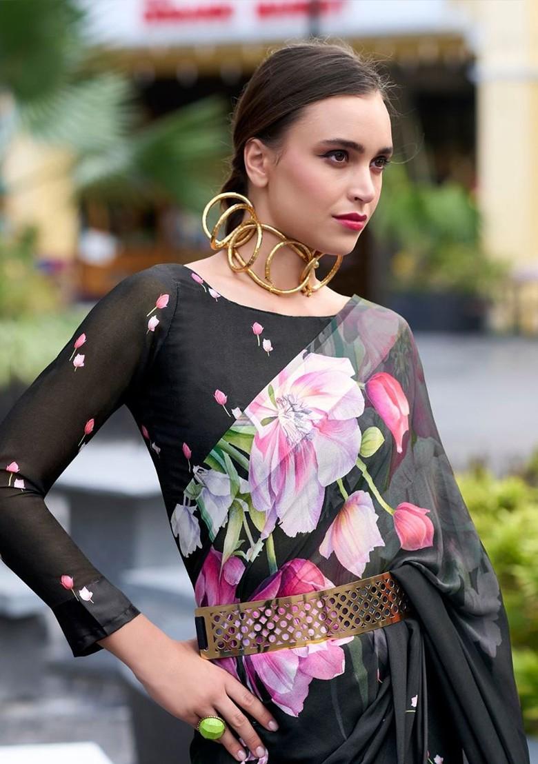 Black Printed Poly Blend Saree Set With Blouse