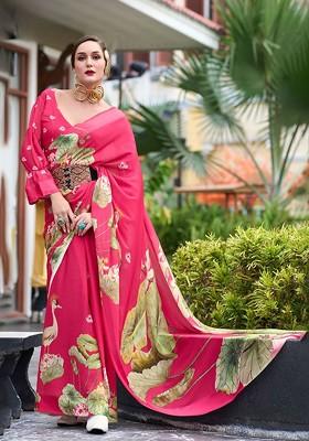 Red Printed Poly Blend Saree Set With Blouse