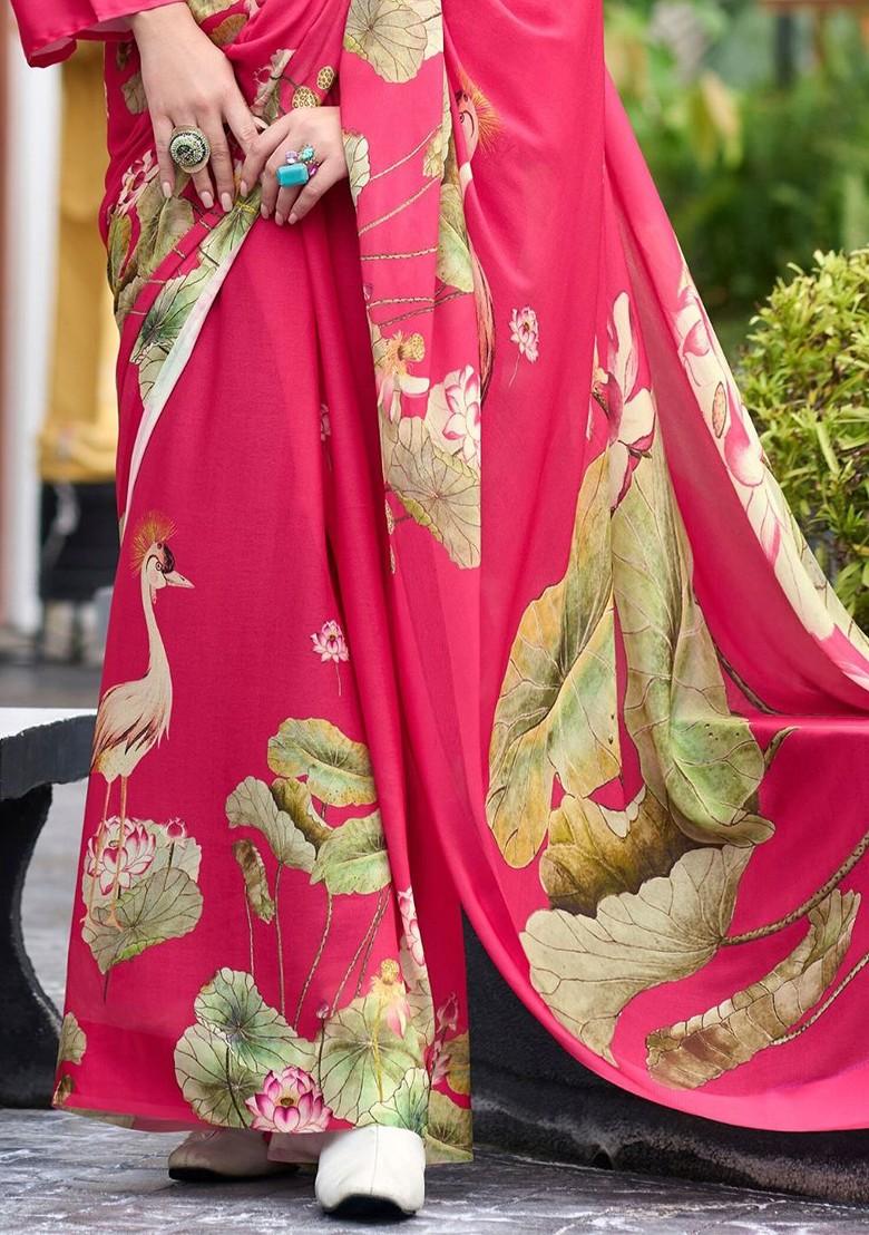 Red Printed Poly Blend Saree Set With Blouse