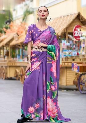Purple Printed Poly Blend Saree Set With Blouse