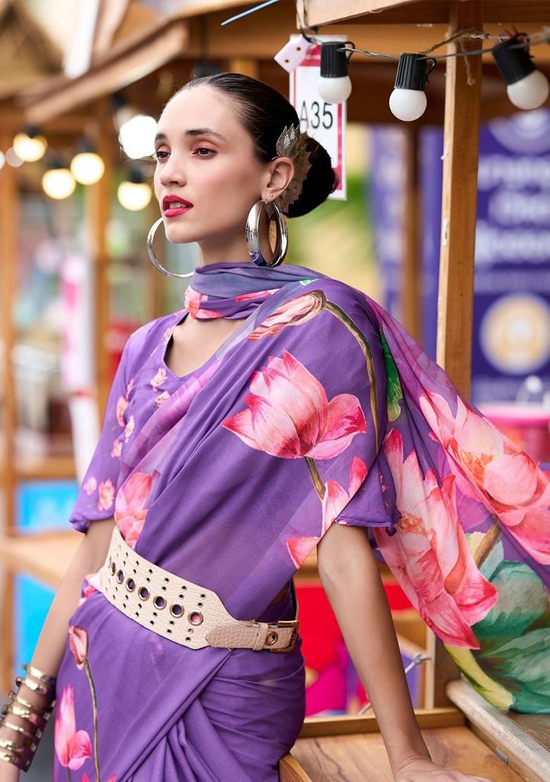 Purple Printed Poly Blend Saree Set With Blouse