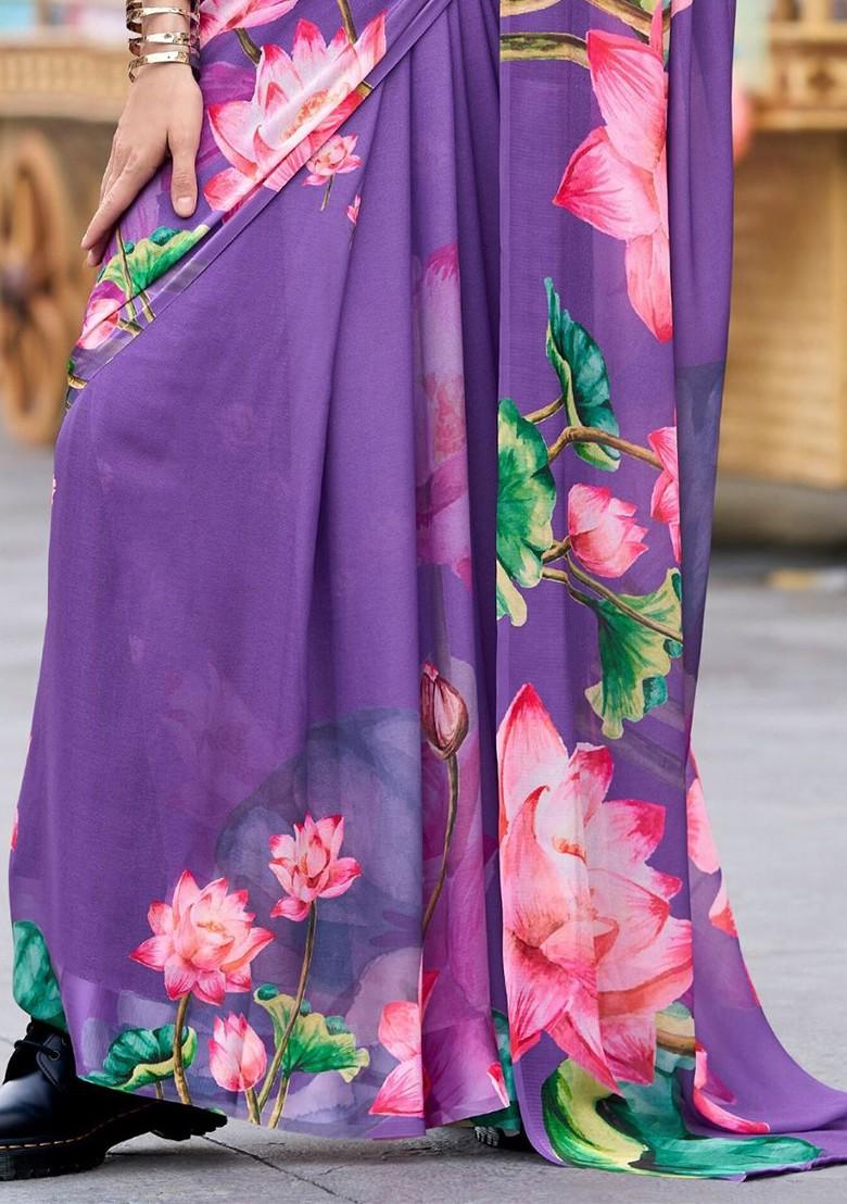 Purple Printed Poly Blend Saree Set With Blouse