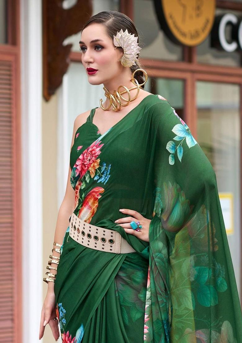 Green Printed Poly Blend Saree Set With Blouse