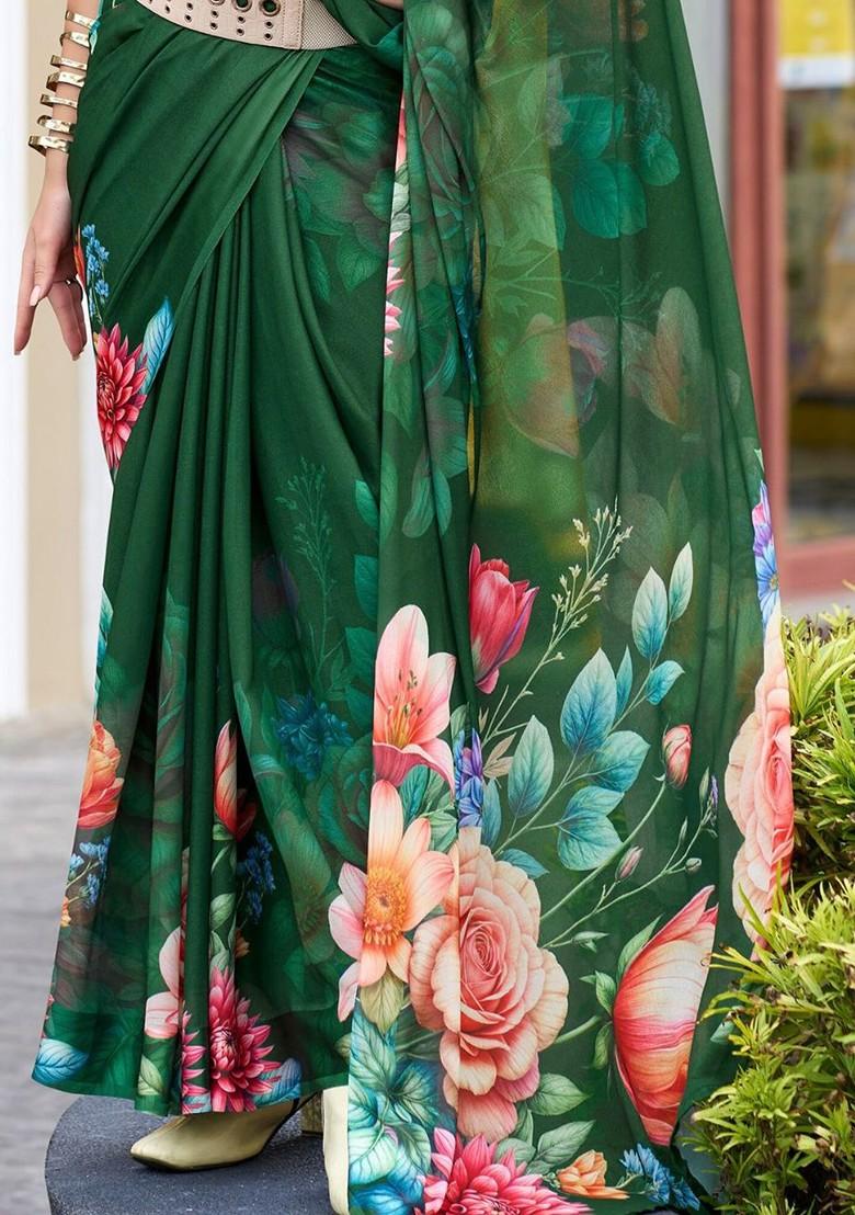 Green Printed Poly Blend Saree Set With Blouse