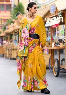 Orange Printed Poly Blend Saree Set With Blouse