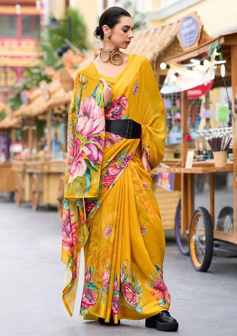 Orange Printed Poly Blend Saree Set With Blouse