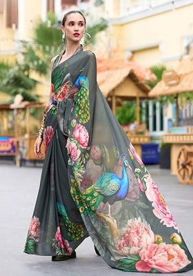 Grey Printed Poly Blend Saree Set With Blouse