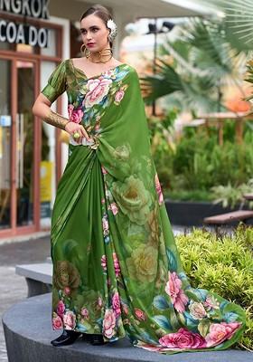 Green Printed Poly Blend Saree Set With Blouse