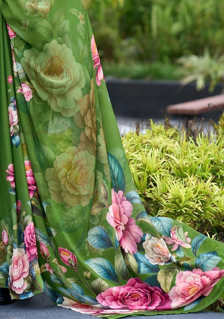 Green Printed Poly Blend Saree Set With Blouse